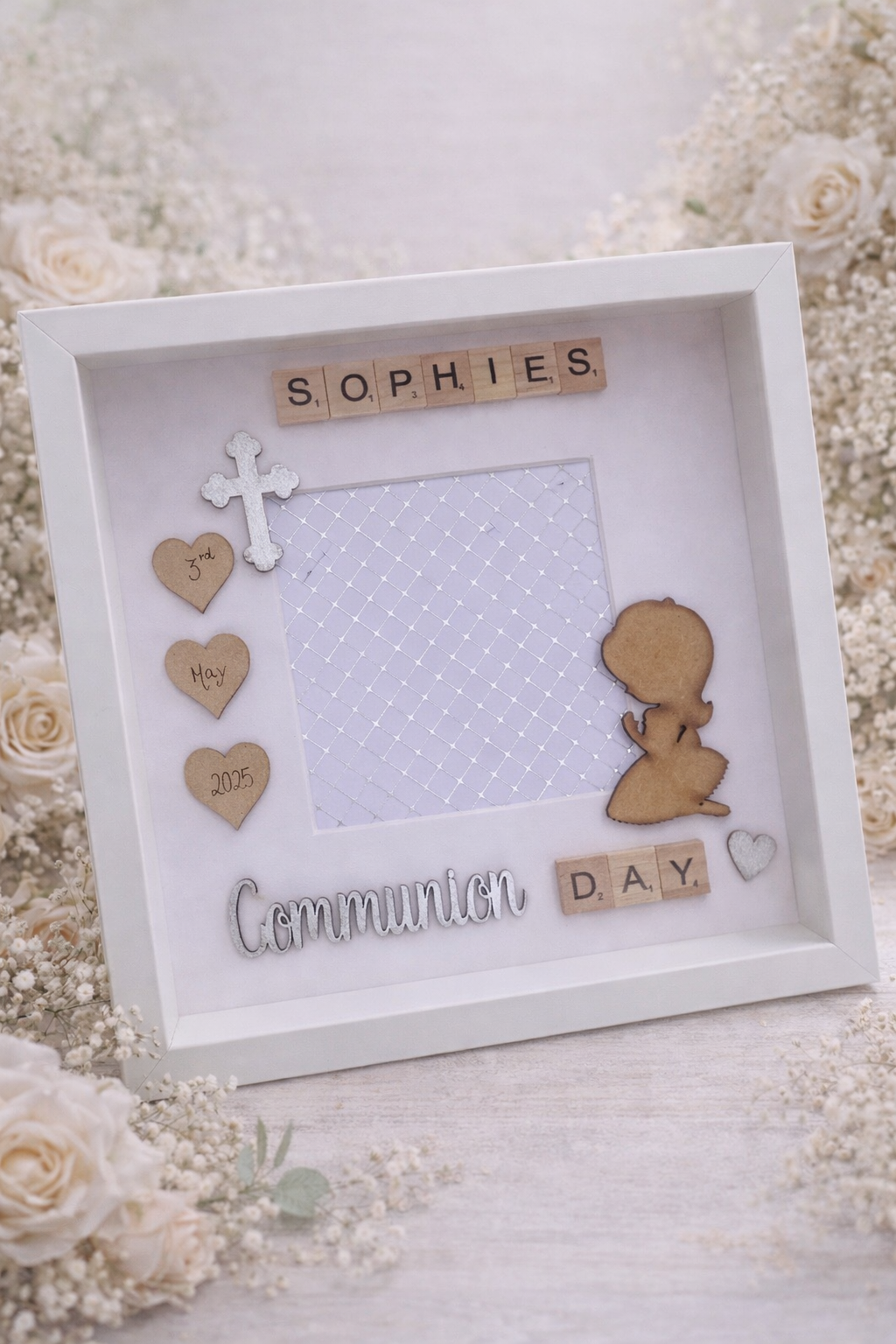 Communion/Confirmation Frame-With Praying Boy/Girl and space for a photo - Picture Perfect Scrabble