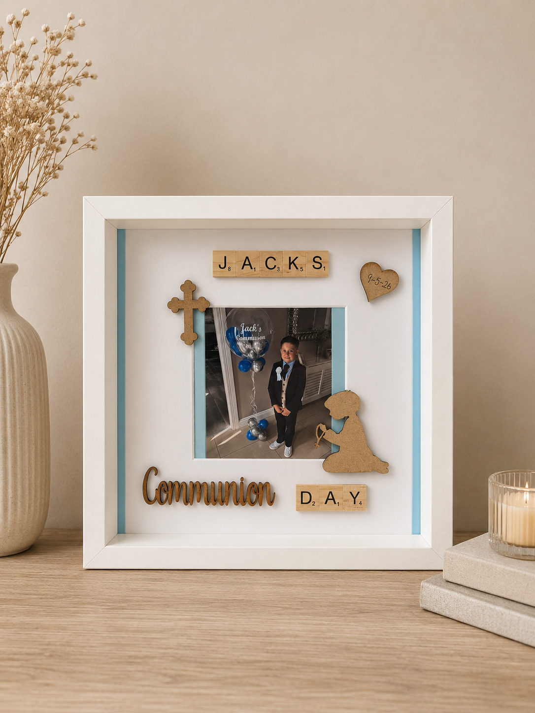 Communion/Confirmation Frame-With Praying Boy/Girl and space for a photo - Picture Perfect Scrabble