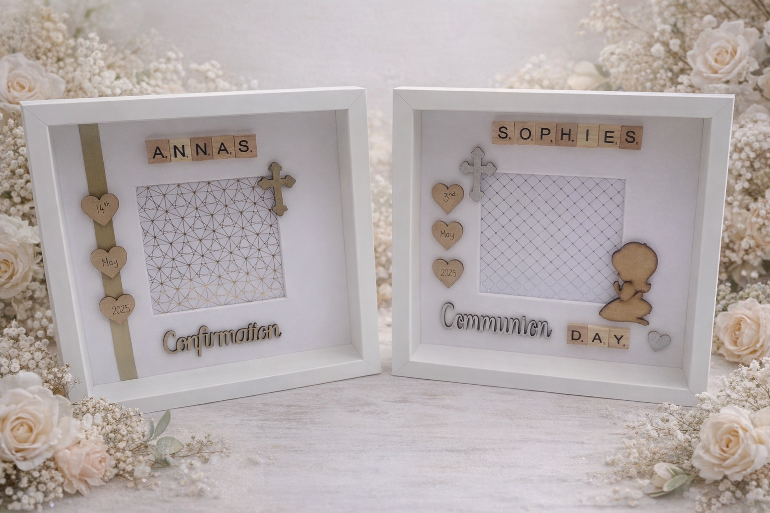 Communion/Confirmation Frame-With Praying Boy/Girl and space for a photo - Picture Perfect Scrabble