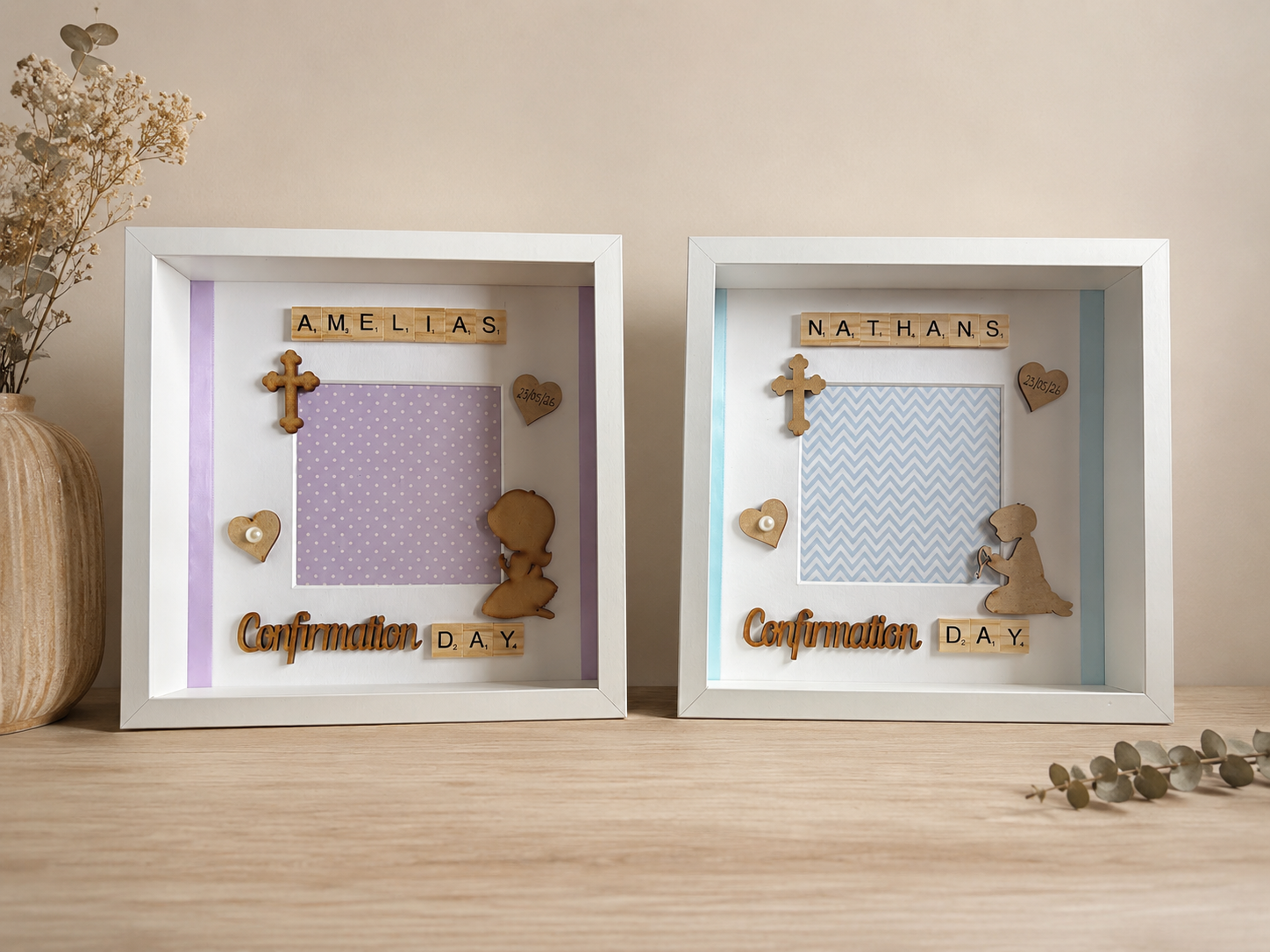 Communion/Confirmation Frame-With Praying Boy/Girl and space for a photo - Picture Perfect Scrabble