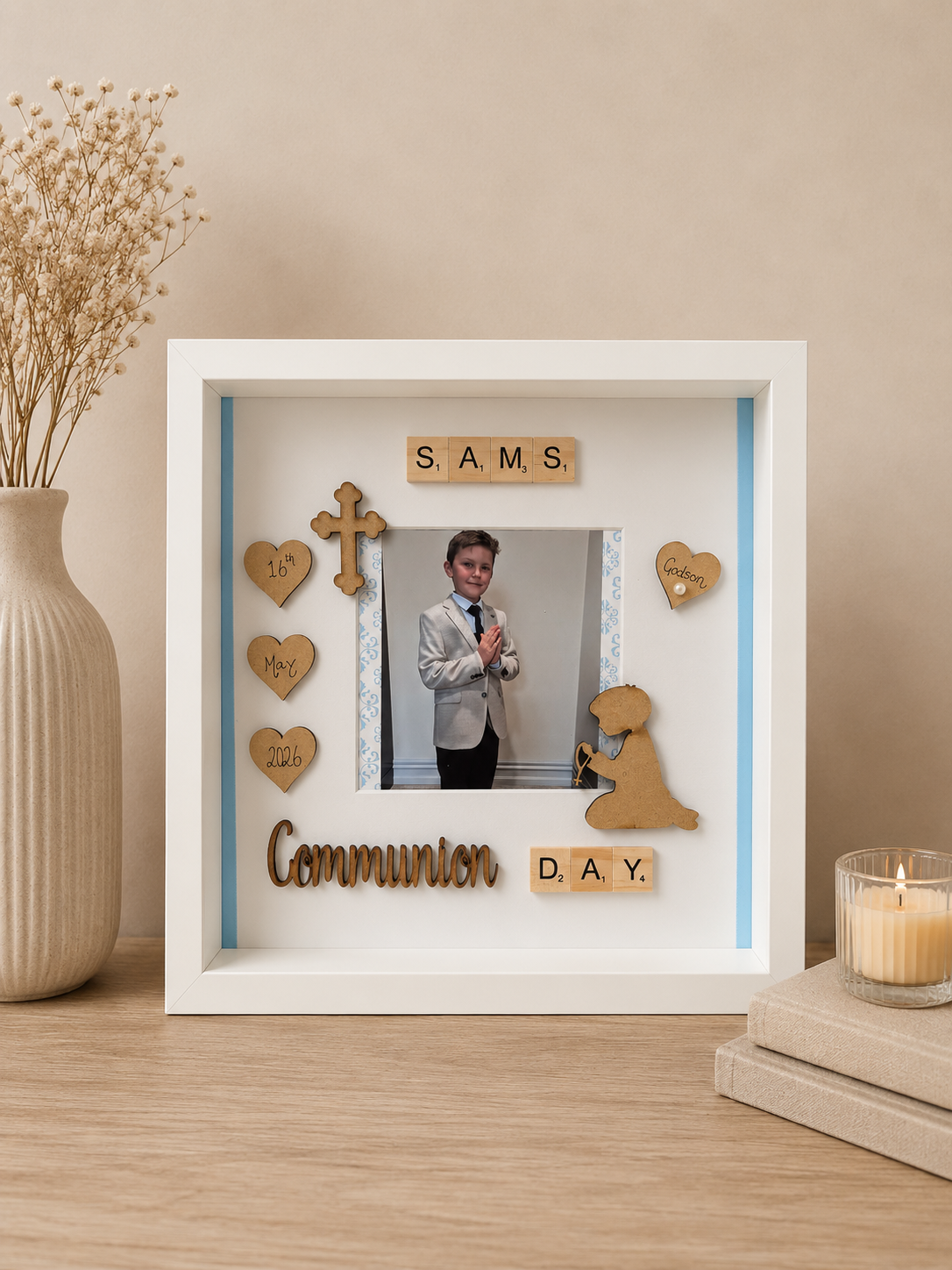 Communion/Confirmation Frame-With Praying Boy/Girl and space for a photo - Picture Perfect Scrabble